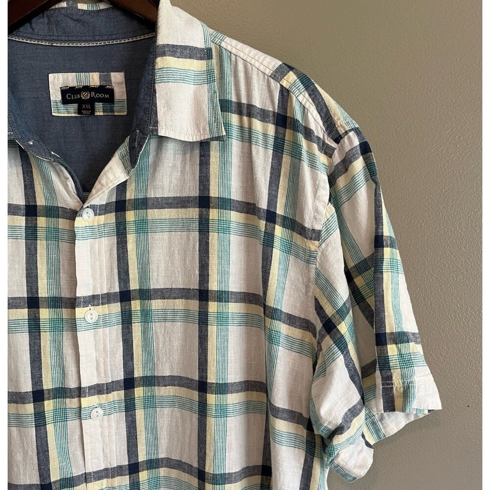 Club Room Mens XXL 2XL Linen Blend Shirt Plaid White Short Sleeve SS Summer